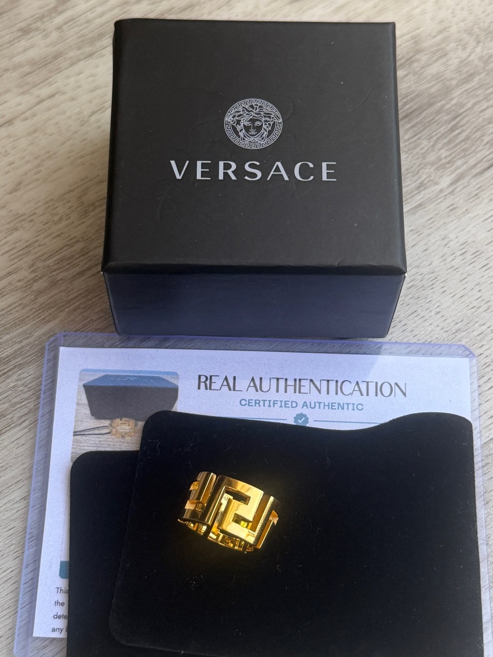 Versace Gold Greek Key Ring Size 4.25 with Box & Authentication